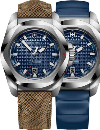 Front view of Victorinox 242018.1 Blue Dial Brown Strap Unisex Watch on white background