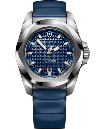 Angle shot of Victorinox 242018.1 Blue Dial Brown Strap Unisex Watch on white background