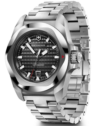 Angle shot of Victorinox 242019 Black Dial Silver Stainless Steel Unisex Watch on white background