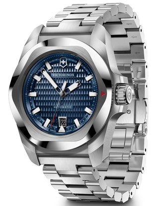 Angle shot of Victorinox 242020 Blue Dial Silver Stainless Steel Unisex Watch on white background