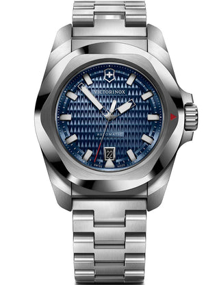 Front view of Victorinox 242020 Blue Dial Silver Stainless Steel Unisex Watch on white background