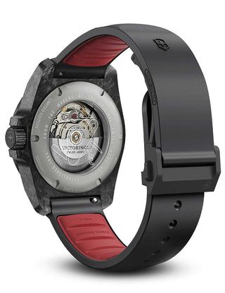 Angle shot of Victorinox 242024.1 Red Dial Black Strap Unisex Watch on white background