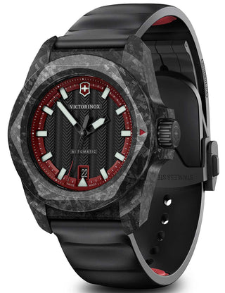 Angle shot of Victorinox 242024.1 Red Dial Black Strap Unisex Watch on white background