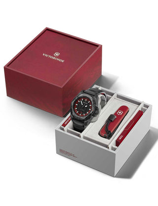 Angle shot of Victorinox 242024.1 Red Dial Black Strap Unisex Watch on white background