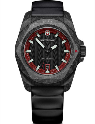 Angle shot of Victorinox 242024.1 Red Dial Black Strap Unisex Watch on white background