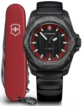 Front view of Victorinox 242024.1 Red Dial Black Strap Unisex Watch on white background
