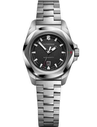 Front view of Victorinox 242036 Black Dial Silver Stainless Steel Womens Watch on white background