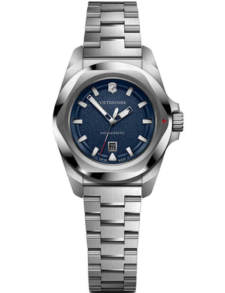 Front view of Victorinox 242038 Blue Dial Silver Stainless Steel Womens Watch on white background