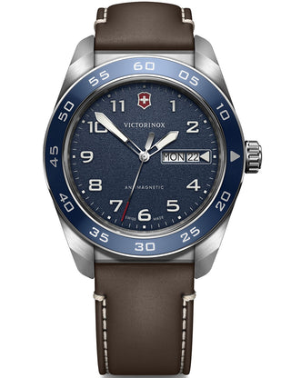 Angle shot of Victorinox 242040 Blue Dial Brown Leather Unisex Watch on white background