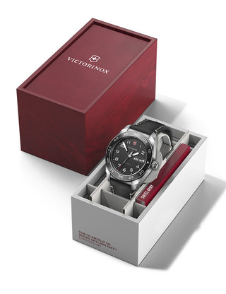 Angle shot of Victorinox 242041 Black Leather Unisex Watch on white background