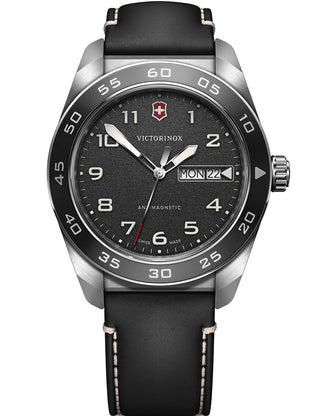 Angle shot of Victorinox 242041 Black Leather Unisex Watch on white background