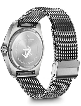 Angle shot of Victorinox 242042 Blue Dial Silver Stainless Steel Unisex Watch on white background