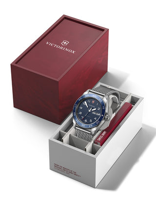 Angle shot of Victorinox 242042 Blue Dial Silver Stainless Steel Unisex Watch on white background