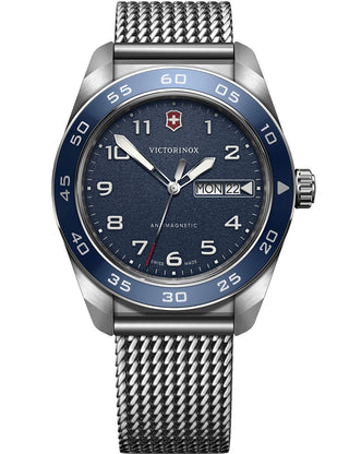 Angle shot of Victorinox 242042 Blue Dial Silver Stainless Steel Unisex Watch on white background
