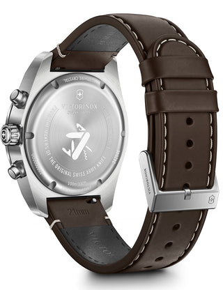 Angle shot of Victorinox Chronograph 242046 Blue Dial Brown Leather Unisex Watch on white background