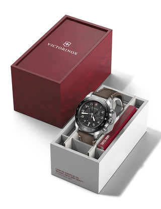 Angle shot of Victorinox Chronograph 242046 Blue Dial Brown Leather Unisex Watch on white background