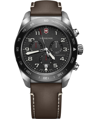 Angle shot of Victorinox Chronograph 242046 Blue Dial Brown Leather Unisex Watch on white background