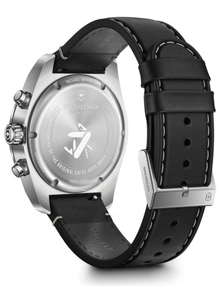 Angle shot of Victorinox Chronograph 242047 Blue Dial Black Leather Unisex Watch on white background