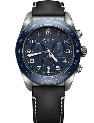 Angle shot of Victorinox Chronograph 242047 Blue Dial Black Leather Unisex Watch on white background