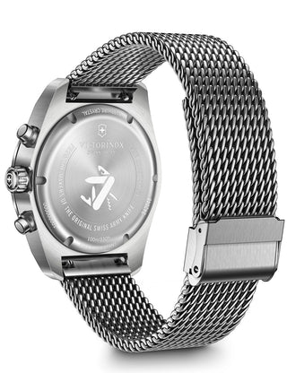 Angle shot of Victorinox Chronograph 242048 Black Dial Silver Stainless Steel Unisex Watch on white background