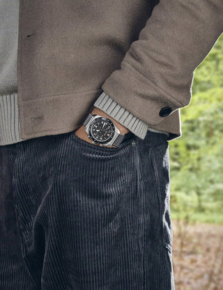 Angle shot of Victorinox Chronograph 242048 Black Dial Silver Stainless Steel Unisex Watch on white background