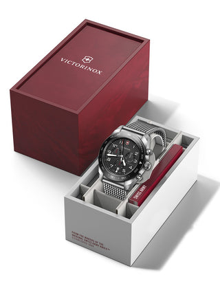 Angle shot of Victorinox Chronograph 242048 Black Dial Silver Stainless Steel Unisex Watch on white background