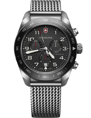 Angle shot of Victorinox Chronograph 242048 Black Dial Silver Stainless Steel Unisex Watch on white background