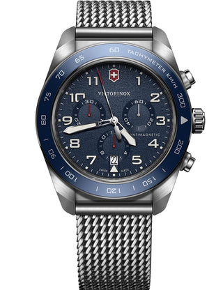 Angle shot of Victorinox Chronograph 242049 Blue Dial Silver Stainless Steel Unisex Watch on white background