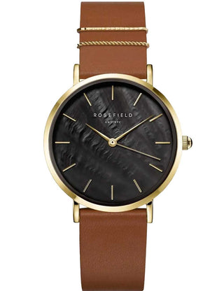 Front view of Rosefield WBCLG-W96 Black Dial Brown Leather Womens Watch on white background