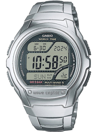 Front view of Casio Wave Ceptor World Time Radio Controlled Radio Signal Receiver WV-58RD-1AEF Grey Dial Silver Resin Unisex Watch on white background