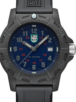 Front view of Luminox X2.2033 Blue Dial Black Silicone Unisex Watch on white background