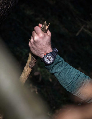 Angle shot of Luminox Chronograph XB.3748 Grey Dial Black Strap Unisex Watch on white background