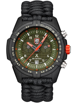 Angle shot of Luminox Chronograph XB.3797.KM Green Dial Black Textile Unisex Watch on white background