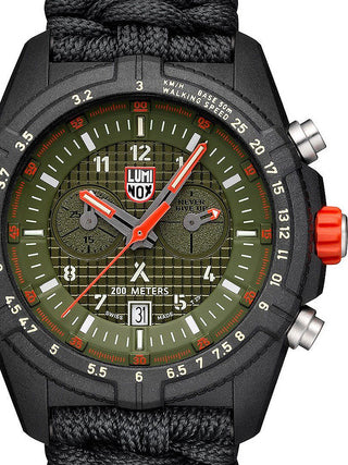 Front view of Luminox Chronograph XB.3797.KM Green Dial Black Textile Unisex Watch on white background