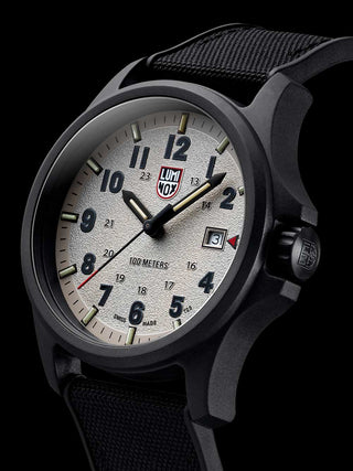Angle shot of Luminox XL.1971.SET Grey Dial Green Silicone Unisex Watch on white background