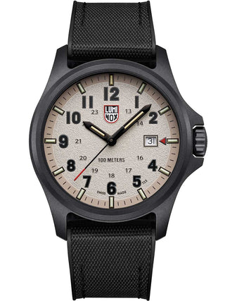 Angle shot of Luminox XL.1971.SET Grey Dial Green Silicone Unisex Watch on white background