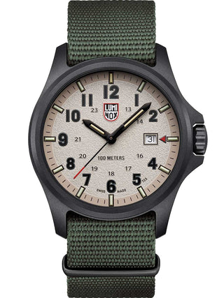 Angle shot of Luminox XL.1971.SET Grey Dial Green Silicone Unisex Watch on white background