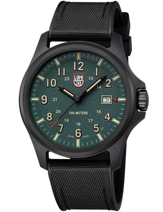 Angle shot of Luminox XL.1977 Green Dial Black Strap Unisex Watch on white background