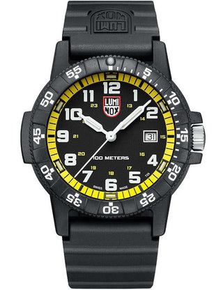 Front view of Luminox XS.0325 Yellow Dial Black Silicone Unisex Watch on white background
