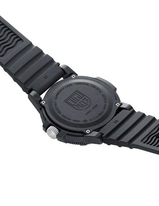 Angle shot of Luminox XS.0325 Yellow Dial Black Silicone Unisex Watch on white background