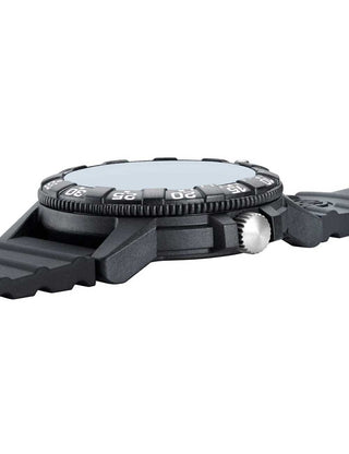 Angle shot of Luminox XS.0325 Yellow Dial Black Silicone Unisex Watch on white background