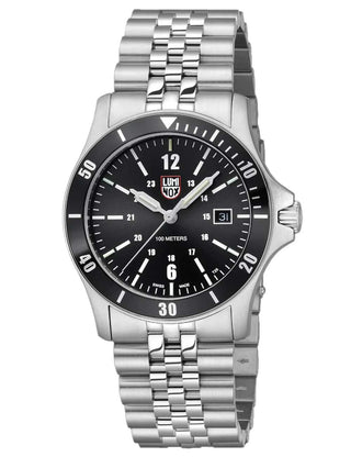 Angle shot of Luminox XS.0911 Black Dial Silver Stainless Steel Unisex Watch on white background