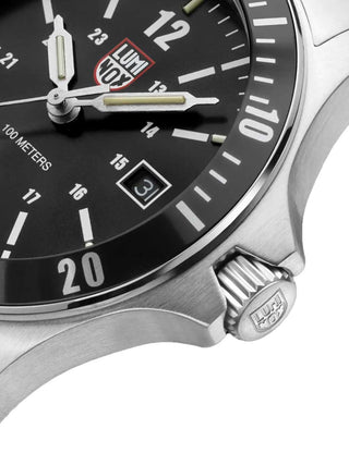 Angle shot of Luminox XS.0911 Black Dial Silver Stainless Steel Unisex Watch on white background