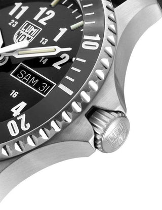 Angle shot of Luminox XS.0921.M Black Dial Silver Stainless Steel Unisex Watch on white background