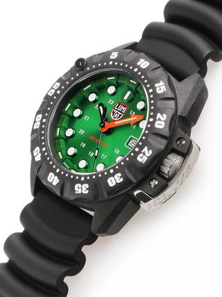 Angle shot of Luminox XS.1567 Green Dial Black Strap Unisex Watch on white background