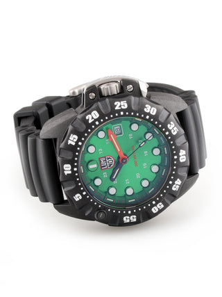 Angle shot of Luminox XS.1567 Green Dial Black Strap Unisex Watch on white background