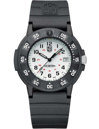 Front view of Luminox XS.3007.EVO.S White Dial Black Strap Unisex Watch on white background