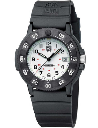 Angle shot of Luminox XS.3007.EVO.S White Dial Black Strap Unisex Watch on white background