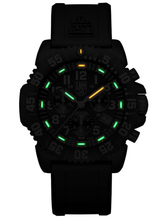 Angle shot of Luminox Chronograph XS.3081.BO.F Black Silicone Unisex Watch on white background