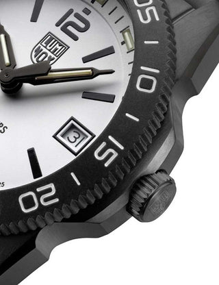 Angle shot of Luminox XS.3127M White Dial Black Strap Unisex Watch on white background